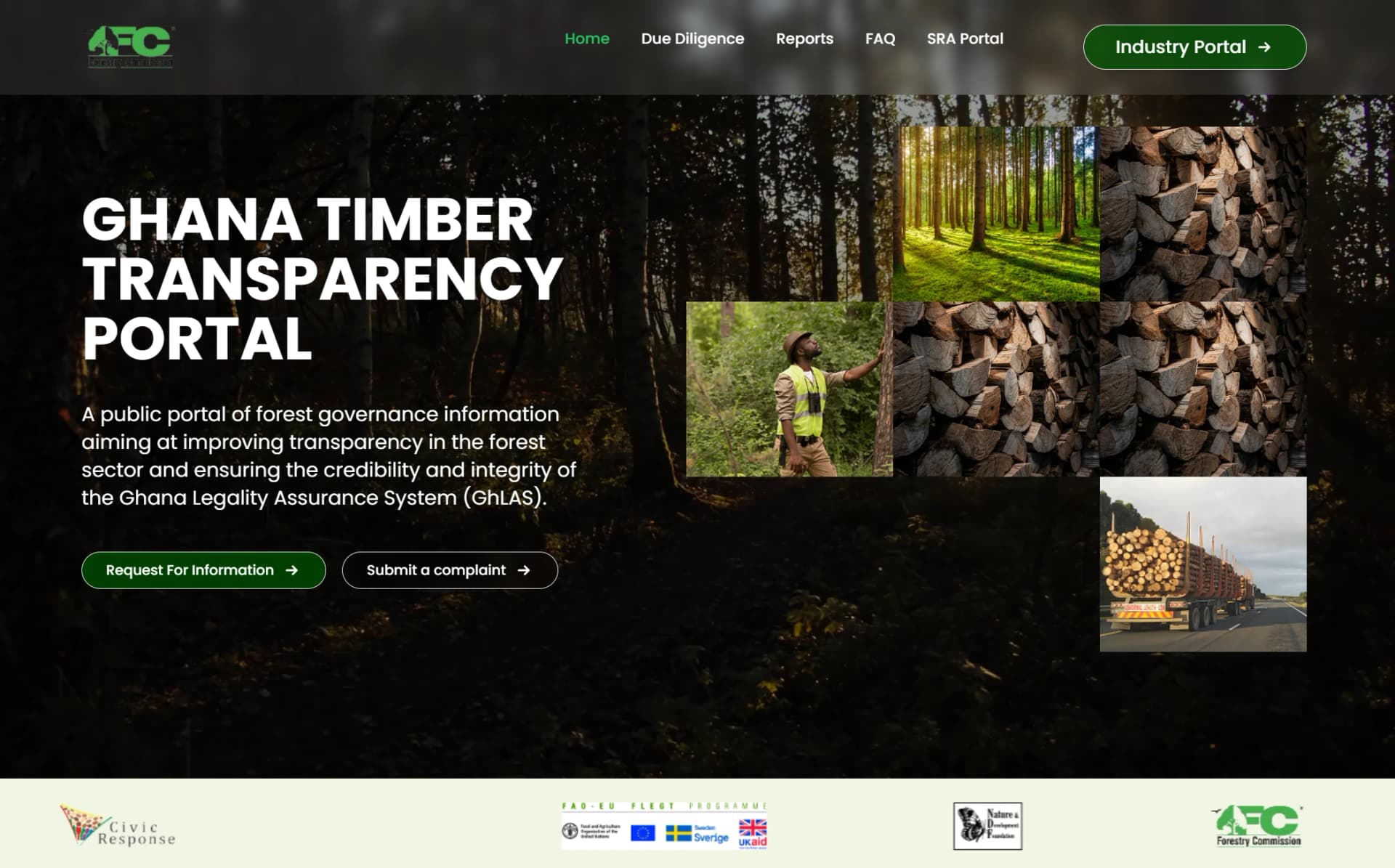 Ghana Timber Transparency Portal home page, with buttons to request information or submit a complaint.