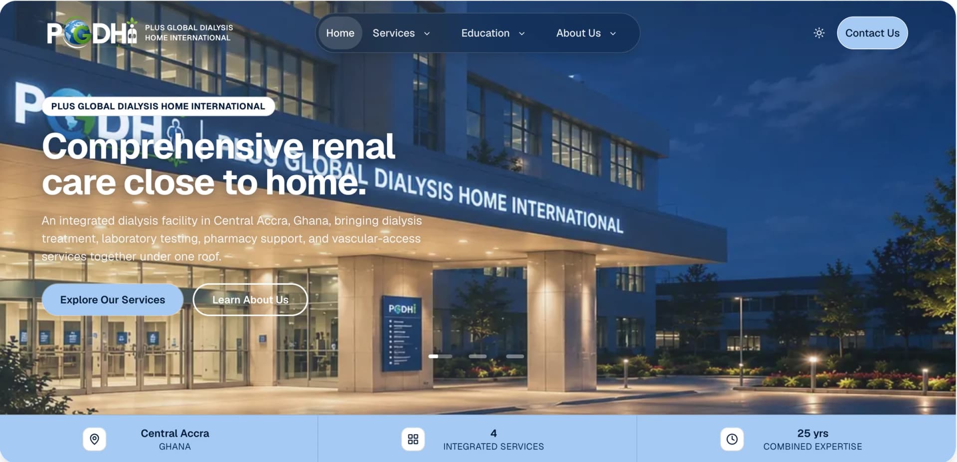 Plus Global Dialysis Home International home page, headed “Comprehensive renal care close to home”, with buttons to explore services or learn about the provider.