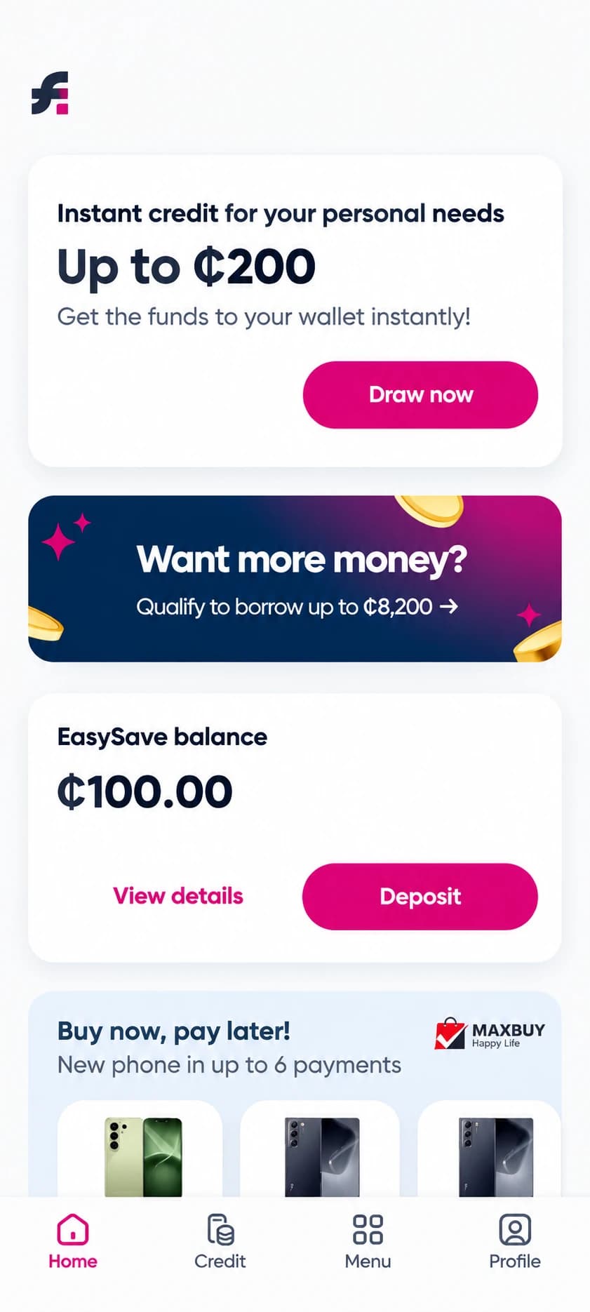 Fido App home screen on a phone, with an instant-credit offer, an EasySave savings balance and a buy-now-pay-later phone offer.