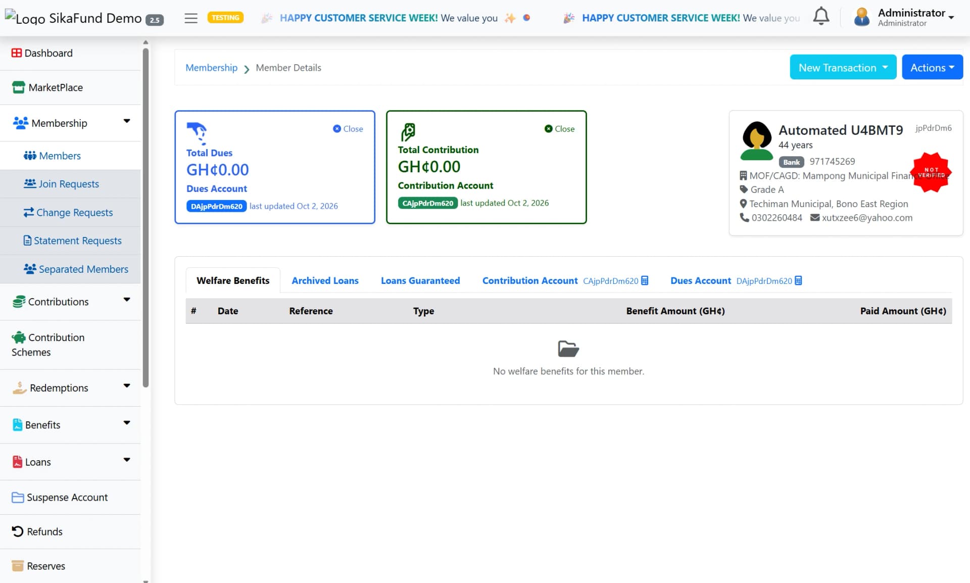 Sika Fund member details screen with dues and contribution accounts, the member’s profile, and tabs for welfare benefits and loans.