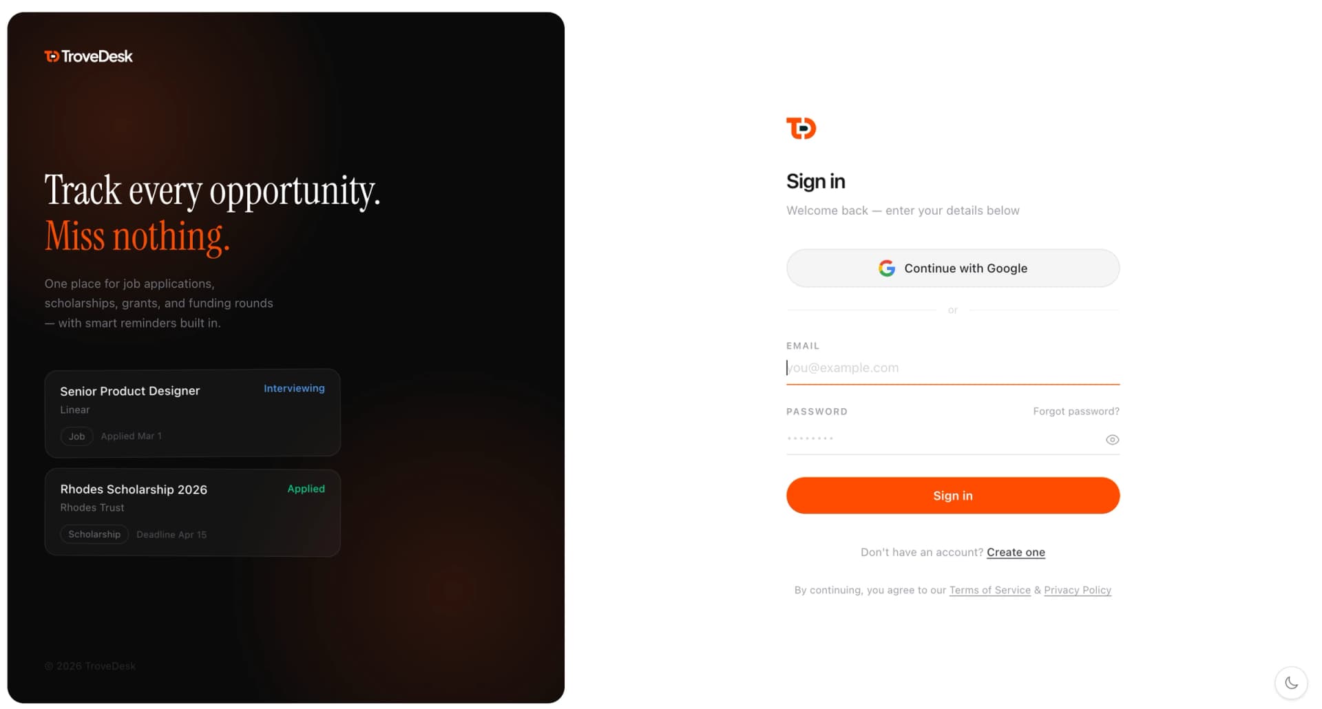 TroveDesk sign-in screen with Google sign-in and email and password fields, beside sample application cards.