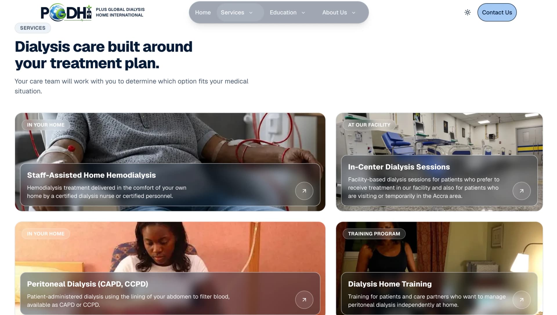 Dialysis site services page listing four care options: staff-assisted home hemodialysis, in-center sessions, peritoneal dialysis and home training.